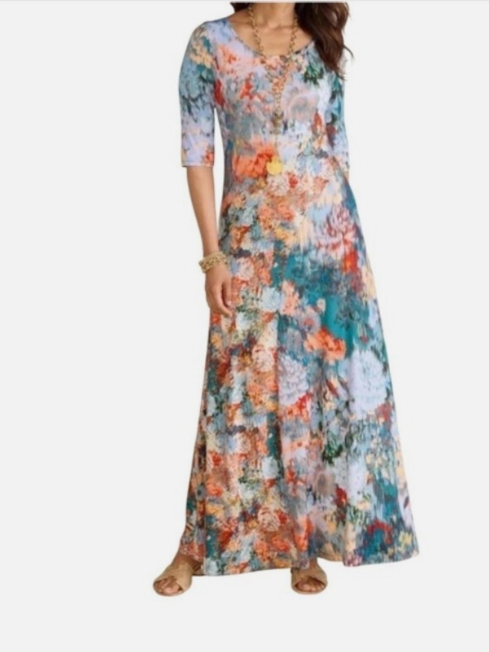 Soft Surroundings Nannette Maxi Dress Blue Watercolor Floral Jersey Knit Size 1X